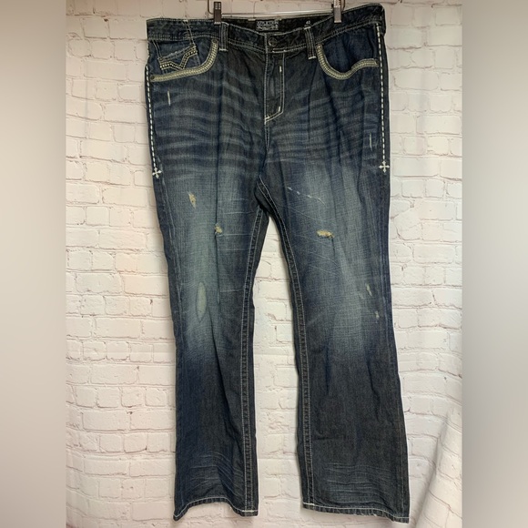 Affliction Buckle Grant Dark Blue Relaxed Distressed Jeans Size 40 x 31 - Picture 2 of 8